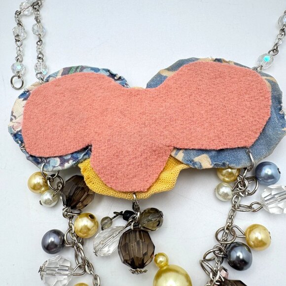 Handmade Fabric Yoyo Necklace Bead Crystal Multistrand Statement Yellow & Blue - Picture 9 of 11